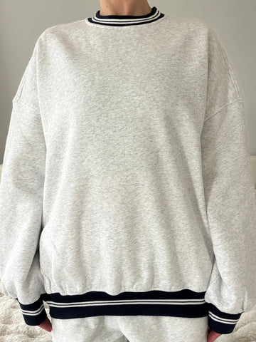Pearl Grey Crewneck Sweatshirt with Black Preppy Details