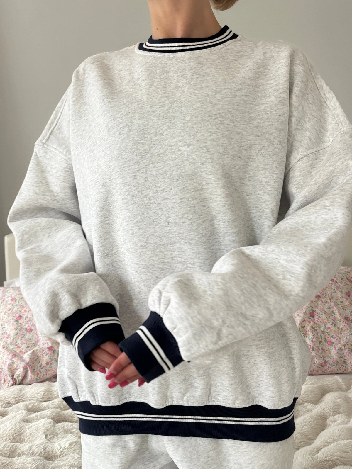 Pearl Grey Crewneck Sweatshirt with Black Preppy Details