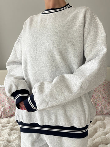 Pearl Grey Crewneck Sweatshirt with Black Preppy Details