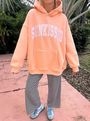 Vibrant Sherbet Orange Varsity Hoodie with Embroidered Details