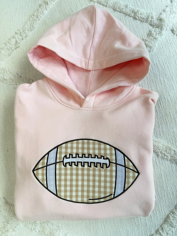 Light Pink Gingham Hoodie with Embroidered Football for Game Day Style
