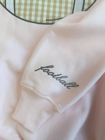 Light Pink Gingham Hoodie with Embroidered Football for Game Day Style