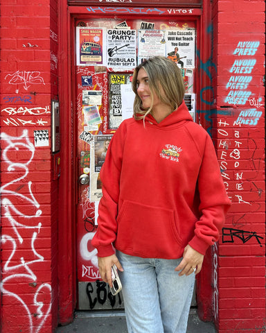 Oversized Red Hoodie with Embroidered NYC Detail for Everyday Luxury