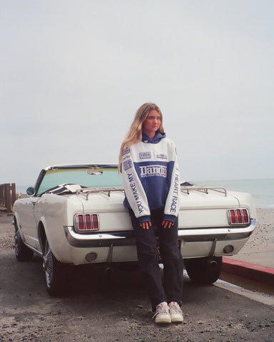 Oversized Blue Hoodie with Racing Heart Patchwork for Effortless Streetwear Style