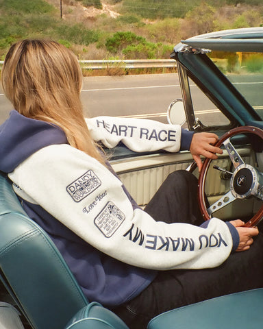 Oversized Blue Hoodie with Racing Heart Patchwork for Effortless Streetwear Style
