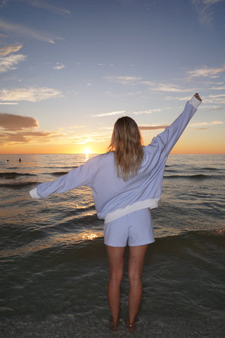 Mini Striped Mockneck Sweatshirt in Blue and White for Effortless Layering