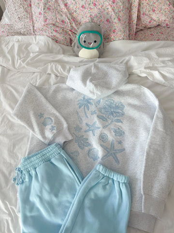 Cozy Pearl Grey Hoodie with Tropical Embroidery for Everyday Relaxed Style