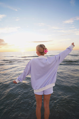 Mini Striped Mockneck Sweatshirt in Blue and White for Effortless Layering