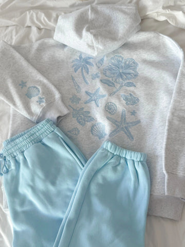 Cozy Pearl Grey Hoodie with Tropical Embroidery for Everyday Relaxed Style