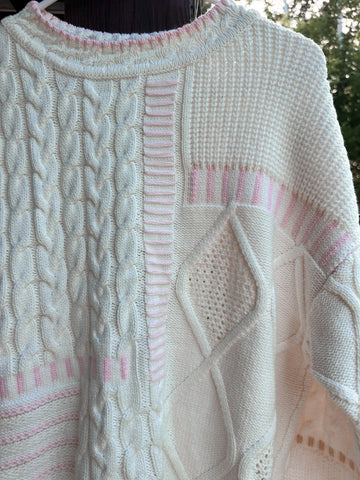 Cozy Patchwork Knit Sweater with Pink Stitching for Everyday Charm