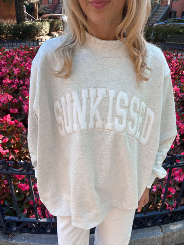 Oversized Oat Milk Grey Sweatshirt with Sun Kissed Embroidery | Cozy Cotton Mockneck