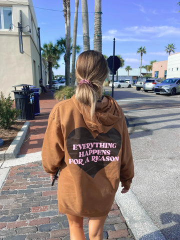 Cozy Brown Hoodie with Inspirational Everything Happens For A Reason Print