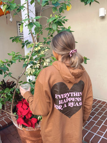 Cozy Brown Hoodie with Inspirational Everything Happens For A Reason Print