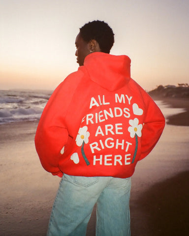 Vintage Stitched Friendship Hoodie in Red for Cozy Everyday Style