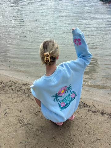 Icy Blue Embroidered Hibiscus Sweatshirt for Beachy Street Style