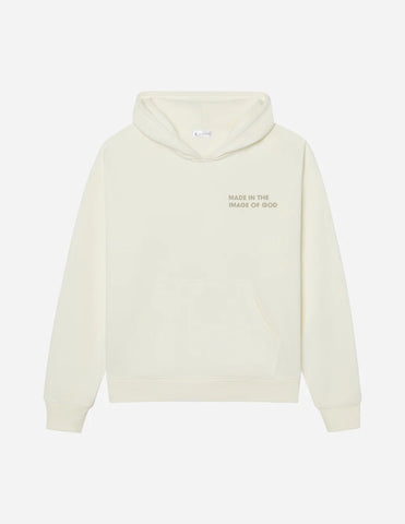 Cozy Cream Hoodie with Inspirational Bible Verse Genesis 1:27