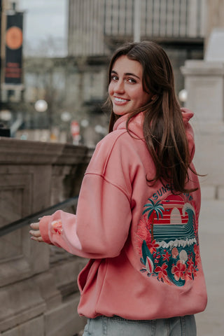 Sunset Surf Hoodie in Coral Hibiscus for Cozy Everyday Adventures
