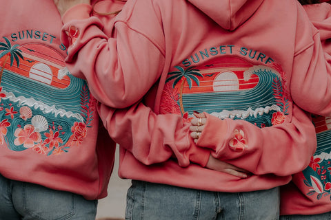 Sunset Surf Hoodie in Coral Hibiscus for Cozy Everyday Adventures