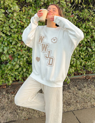 Cream Varsity Crewneck Sweatshirt with Inspirational WWJD Design