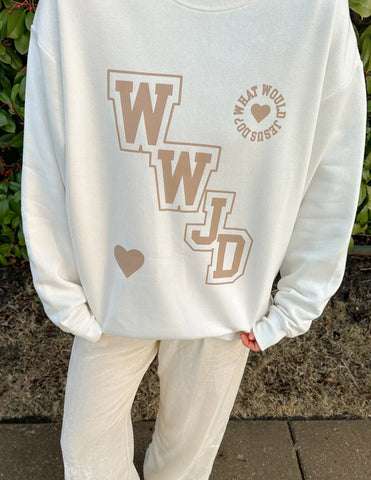 Cream Varsity Crewneck Sweatshirt with Inspirational WWJD Design
