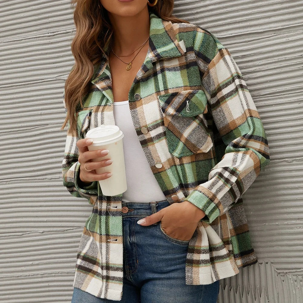 Winter Fleece Jacket Women Plaid Coat Fall Warm Checkered Outerwear Fall Female Long Sleeve Tops Shirt Women Fashion Jacket 2021