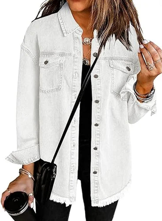 Oversized Denim Jacket for Women Long Sleeve Classic Loose Jean Jacket Black L Female