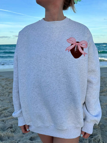 Game Day Embroidered Sweatshirt with Pearl Grey Pink Bow