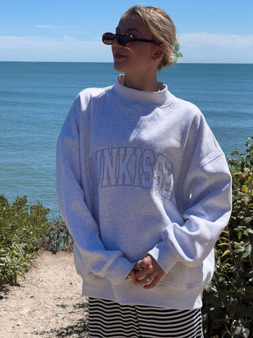 Pearl Grey Mockneck Sweatshirt with Embroidered Varsity Style