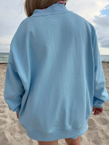 Vintage Embroidered Mockneck Sweatshirt in Berry Blue - Cozy Cotton Everyday Style