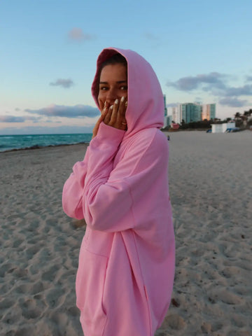Oversized Pink Beaded Hoodie for Effortless Beachside Style