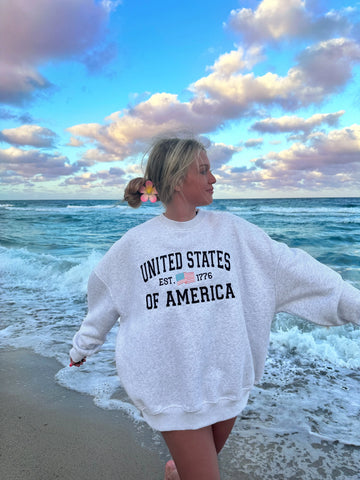 Effortless Pearl Grey Crewneck Sweatshirt with Embroidered Flag Detail