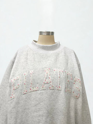 Pearl Grey Mockneck Sweatshirt with Pilates Embroidery - Effortless Everyday Elegance